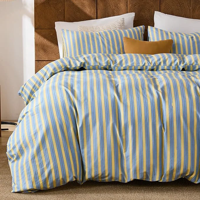 Top-Quality Merryword Cotton Duvet Cover Set King Size Blue amp Yellow Striped Bedding Set with Zipper Closure and 8 Corner Ties Modern Coastal Style Comforter Cover Set 3 Pieces Effective