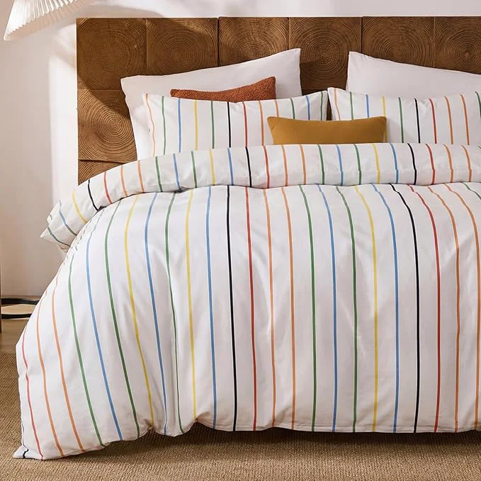 Verified Merryword Rainbow Striped Duvet Cover Set Queen Size Cotton Bedding Set with Zipper Closure amp 8 Corner Ties Luxury Linen Like Bedding Soft Breathable Comforter Cover for All Seasons Next-Generation