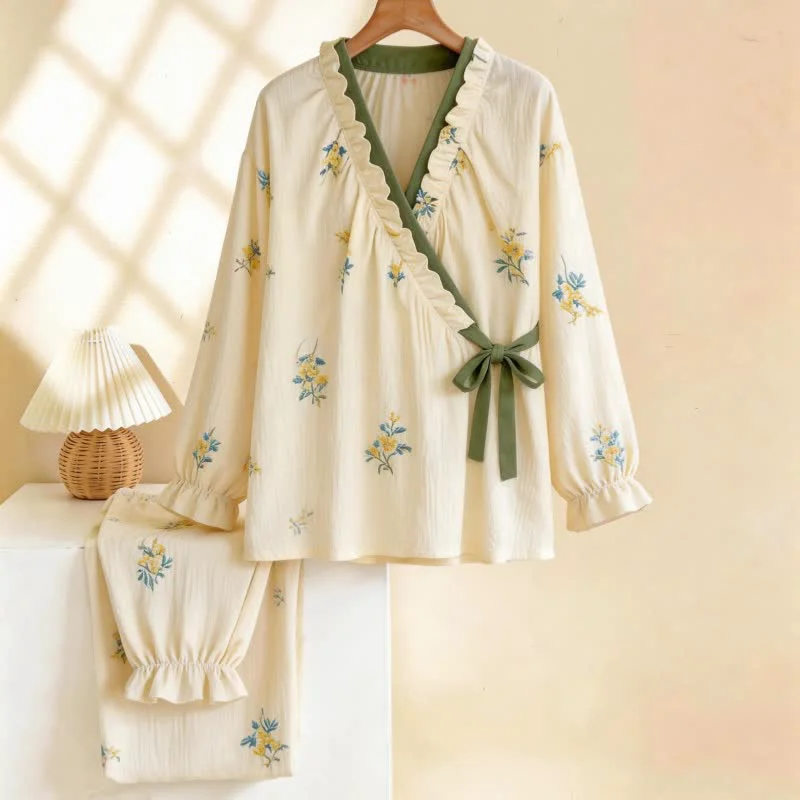 Elegant Ownkoti Ruffled Neck Botanical Floral Pajama Set High-Performance