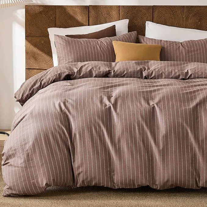 First-Class Merryword Cotton Duvet Cover Set King Size Brown Pinstripe Bedding Set with 2 Pillowcases Soft Breathable Comforter Cover Natural Cotton Linen Like Bedding Set for Cozy Home Bedroom Clean
