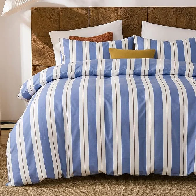 Fashionable Merryword Blue and White Striped Duvet Cover Set Queen Size Cotton Bedding Set with Modern Coastal Style Soft Breathable Linen Like Bedding Set 3 Pieces Premium Material