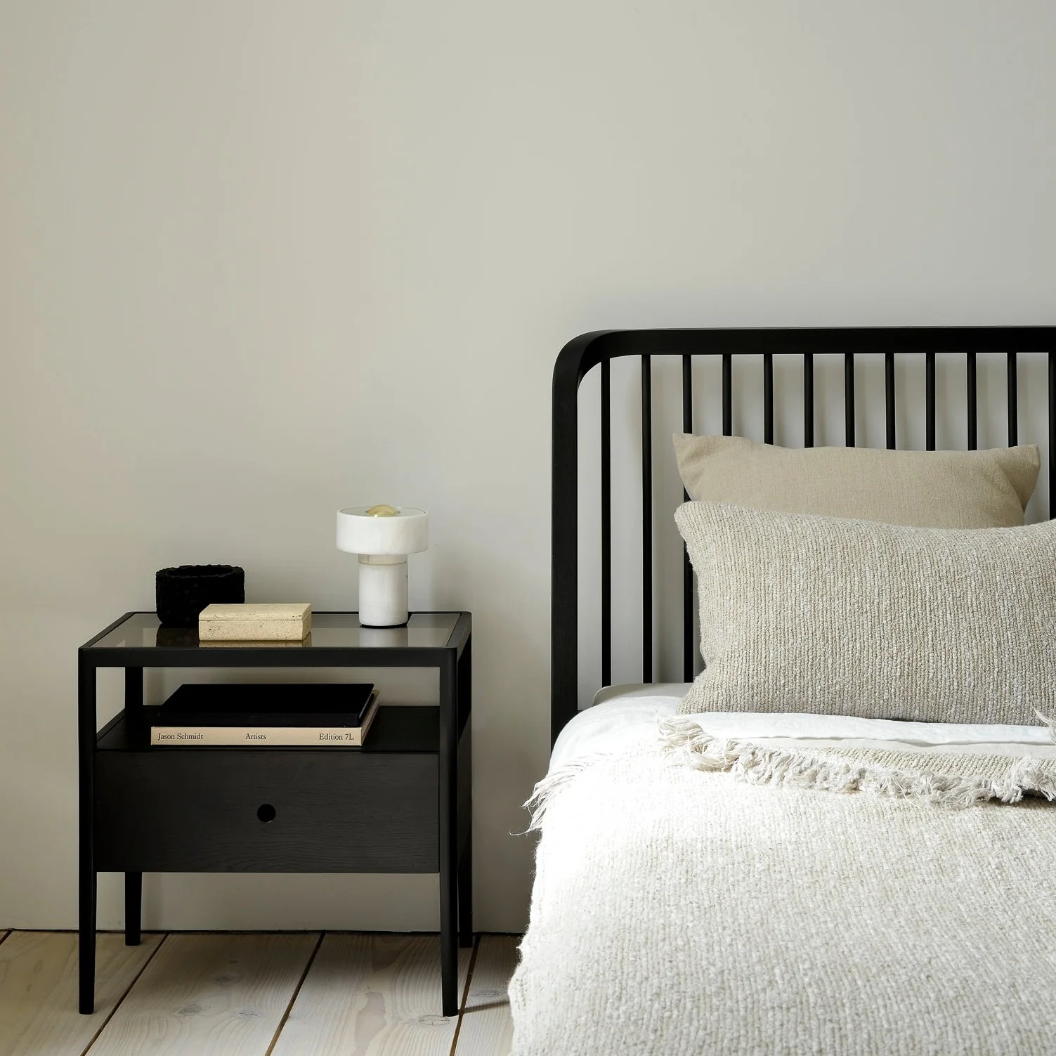 Carefully Designed Spindle Solid Black Oak Bedside Table Smart