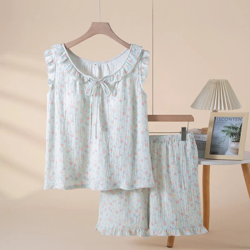 Trendy Ownkoti Elegant Floral Cotton Gauze Sleeveless Pajamas Excellent