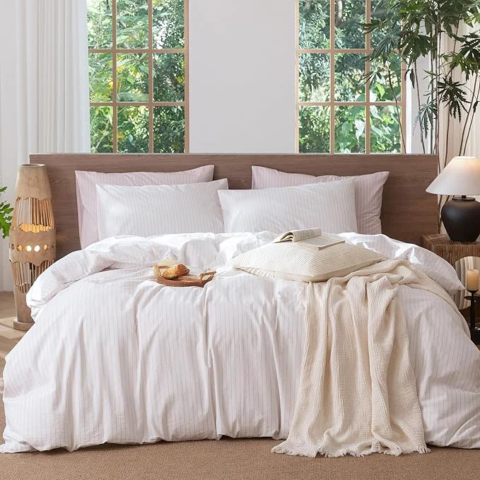 Advanced MooMee Striped Duvet Cover Set Washed Cotton Linen Like Textured Breathable Durable Soft Comfy White Heathered Greyish Pink Wide Stripes Cal King 104 quot x98 quot Original Design