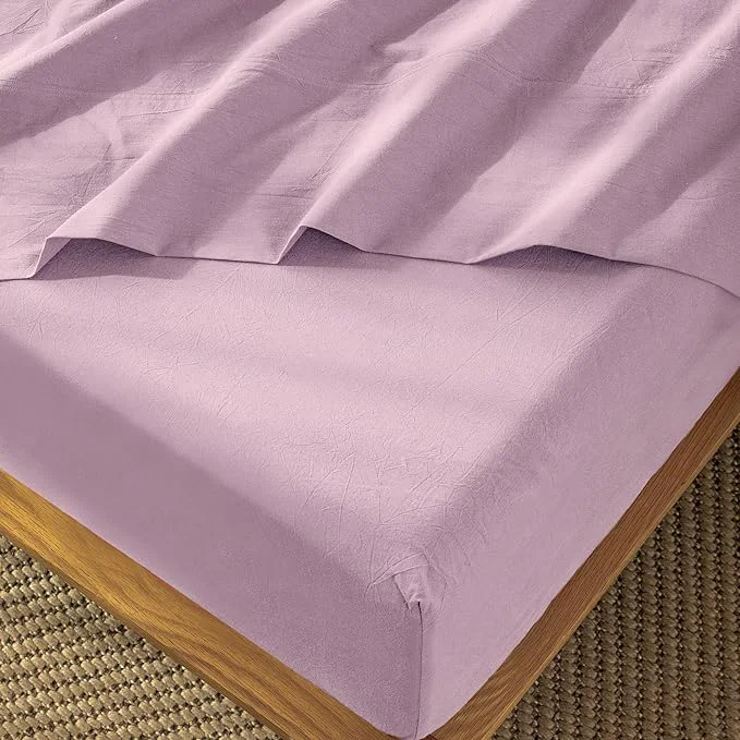 Easy-to-Use MooMee Fitted Bottom Sheet Only Washed Cotton Linen Like Textured Breathable Durable Soft Comfy Deep Pocket Fits Mattress up to 17 quot Light Purple Queen Advanced