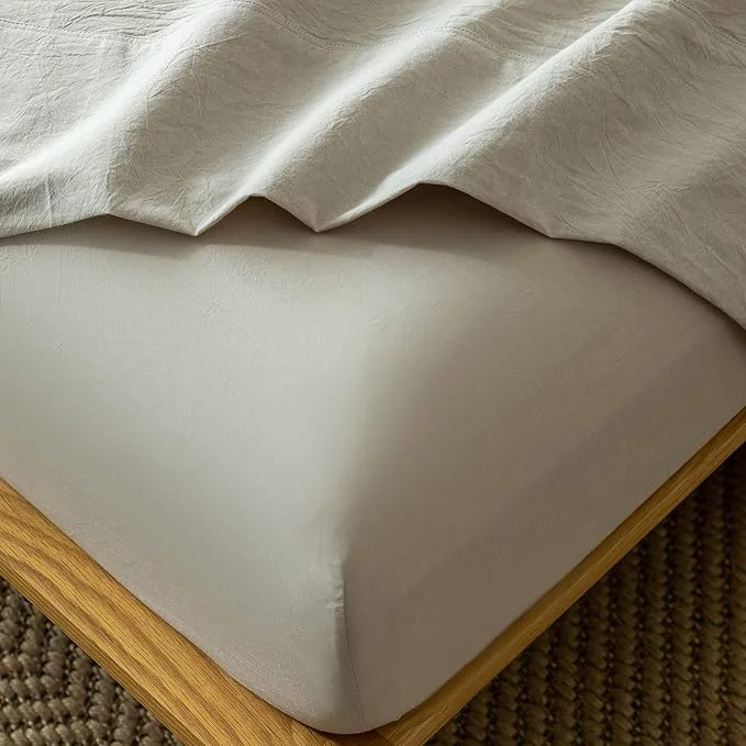 Smart MooMee Fitted Bottom Sheet Only Washed Cotton Linen Like Textured Breathable Durable Soft Comfy Deep Pocket Fits Mattress up to 17 quot Cream Grey King New Premium Material