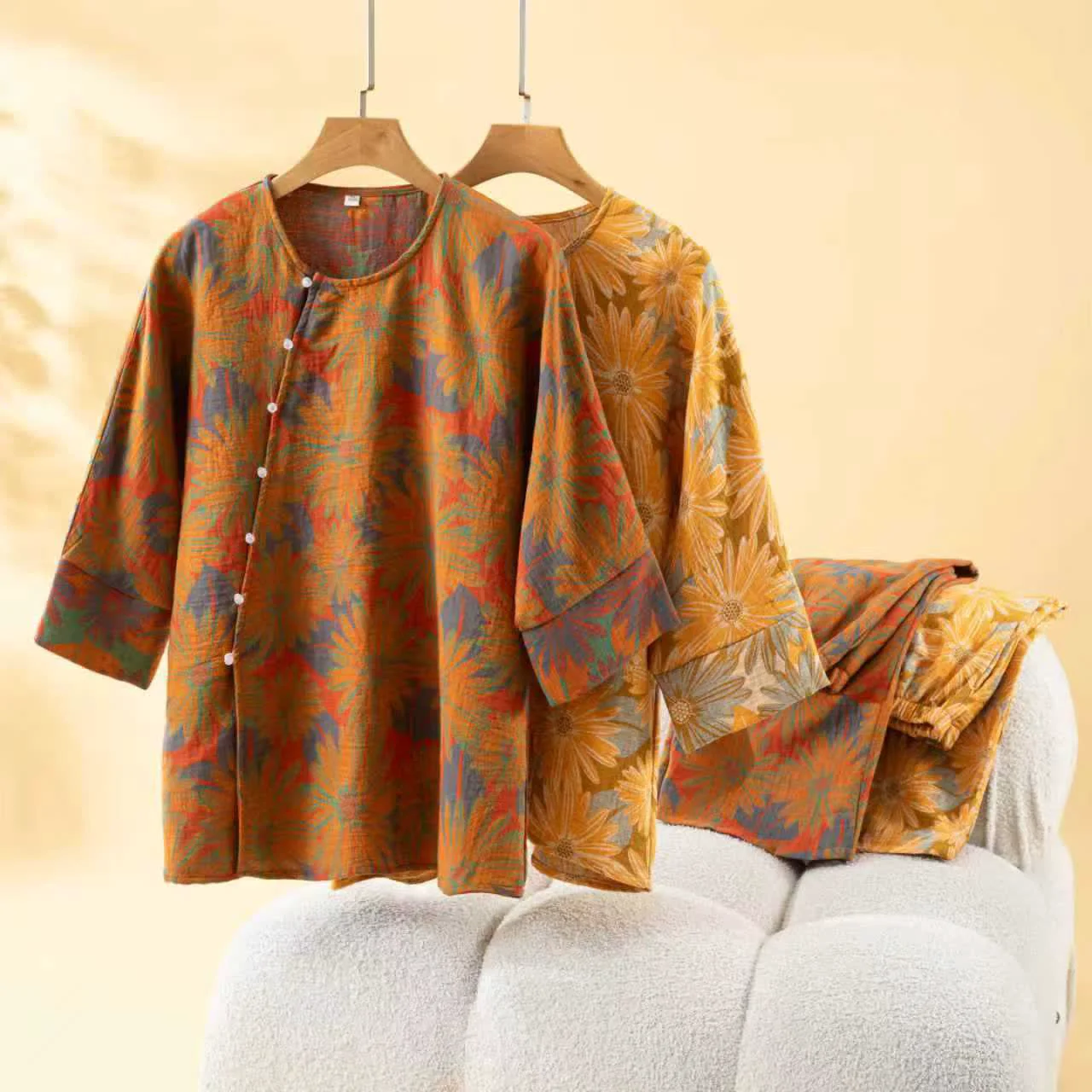 Organic Ownkoti Retro Sunflower Pure Cotton Pajama Set Detailed