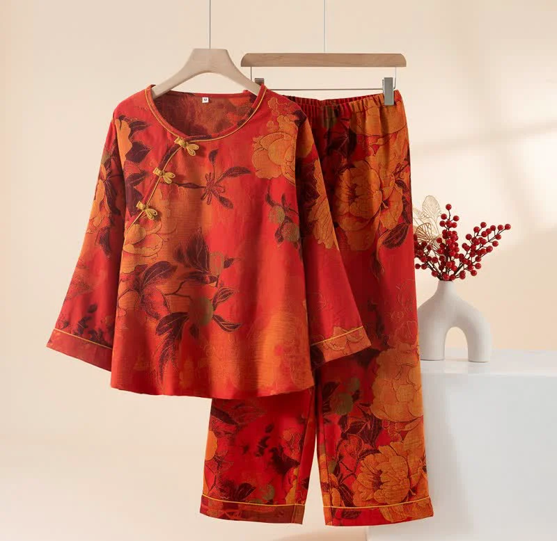 Contemporary Ownkoti Luxurious Peony Pure Cotton Pajama Set Selected