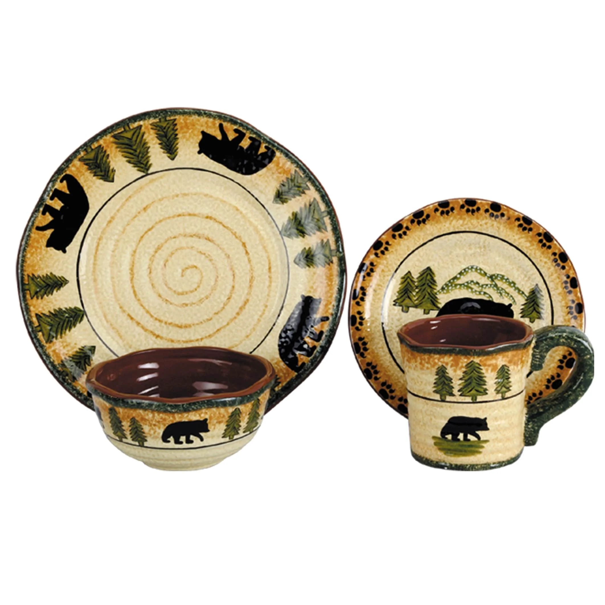 Green Rustic Bear Ceramic Dinnerware Set 16 Pc Quality