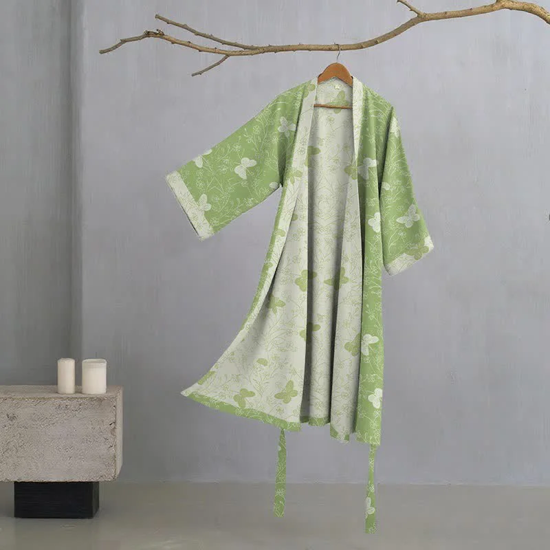 Fast Ownkoti Double Gauze Green Butterfly Cotton Kimono Robe Functional