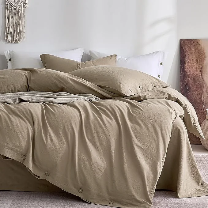 Modern JELLYMONI Washed Cotton Duvet Cover Queen – Soft Breathable Linen-Look Bedding with Natural Wrinkle Texture Button Closure 3-Piece Set Dusty Khaki 90 quot x90 quot Healthy