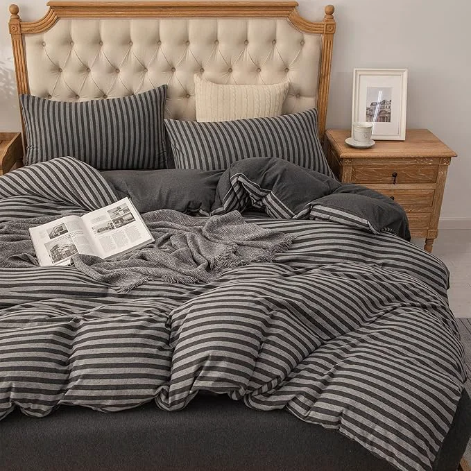 Casual PURE ERA Jersey Knit Duvet Cover Set T-Shirt Heather Cotton Super Soft Comfy Classic Striped Design with Zipper Closure Charcoal Dark Grey Stripe Full Versatile