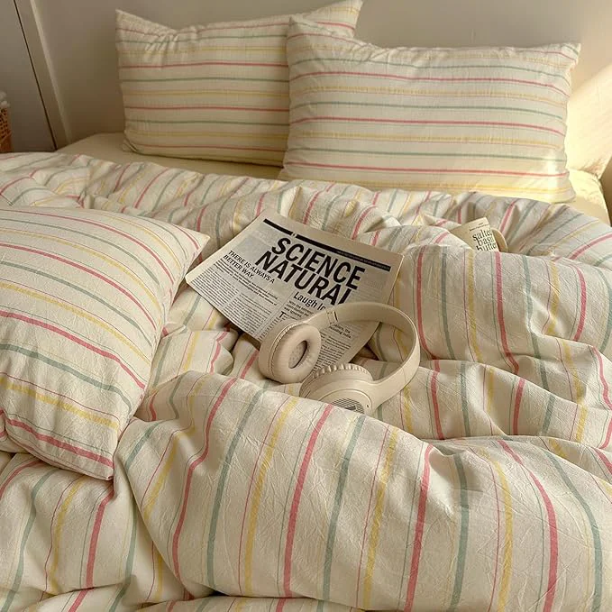 Reusable EAVD Colorful Striped Duvet Cover Twin Soft Cotton Vintage Pink Green Yellow Stripes Printed Bedding Set with 2 Pillowcases Retro Reversible Geometric Comforter Cover with Zipper Corner Ties Organic