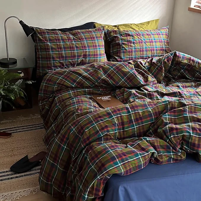Clean mixinni Vintage Multicolor Gingham Comforter Set Twin XL Size – Washed Cotton 3-Piece Retro Plaid Pattern Bedding Set 1 Comforter 2 Pillowcases All-Season Lightweight amp Breathable Superior