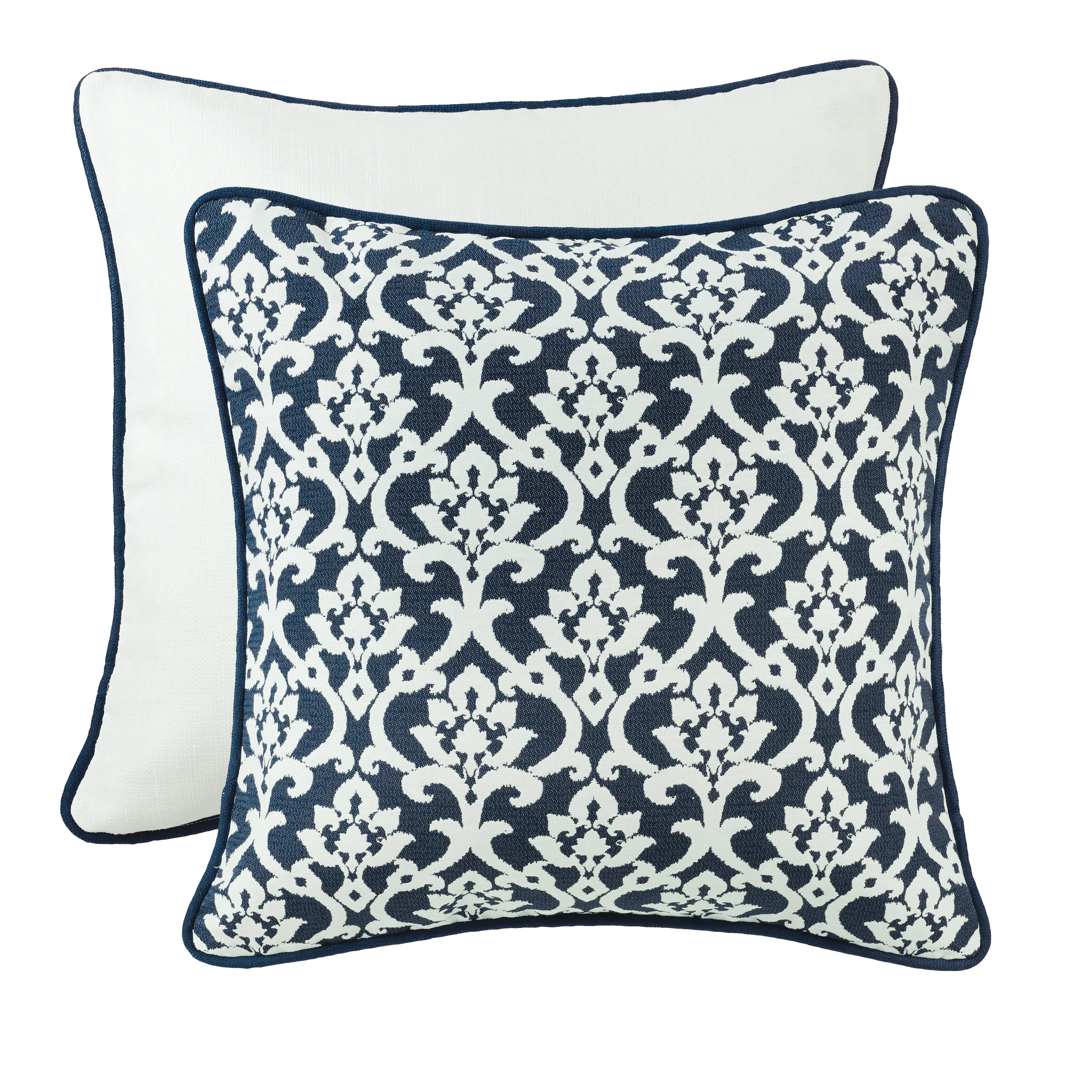Excellent Navy amp White Floral Jacquard Piping Detailed Euro Sham Powerful
