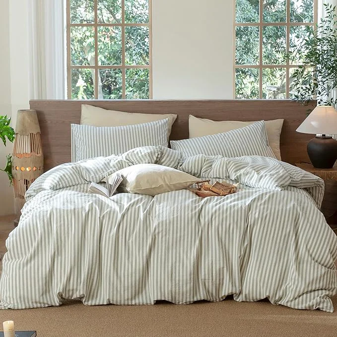 Fast MooMee Striped Duvet Cover Set Washed Cotton Linen Like Textured Breathable Durable Soft Comfy Sage Green White Classic Stripes King 104 quot x90 quot Trusted