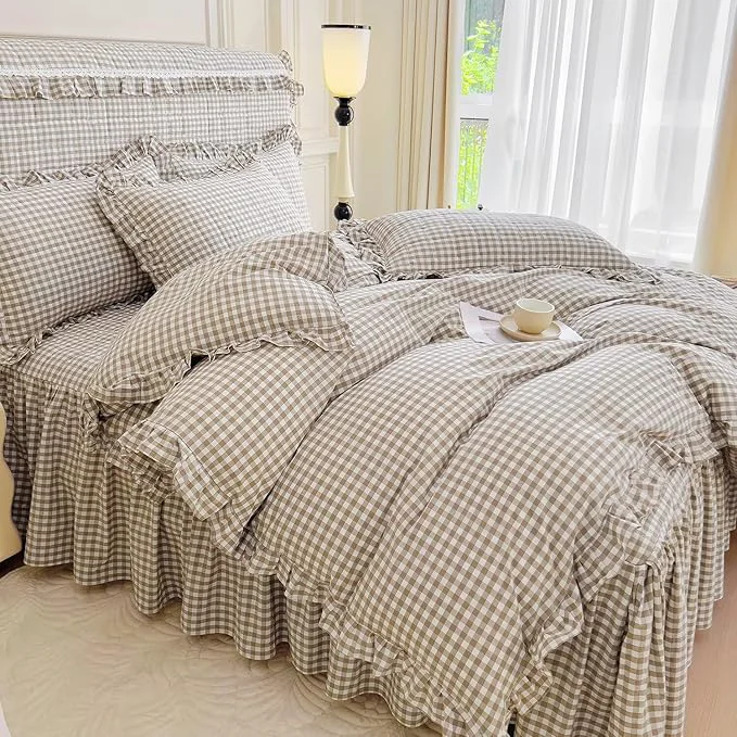 Contemporary mixinni Vintage Ruffle Tan Gingham Comforter Set 3-Piece Washed Cotton Full Beige Grid Bedding Set with Taupe Geometric Checkered Pattern Farmhouse Chic Soft Fluffy Comforter for All-Season Verified