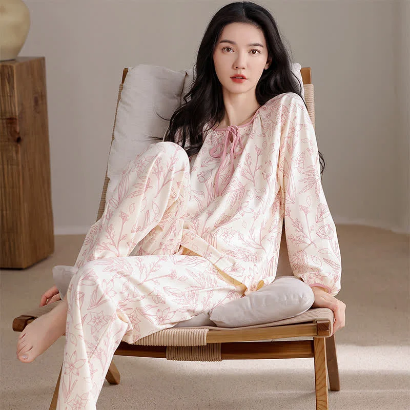 Optimized Ownkoti Elegant Floral Cotton Round-neck Pajama Set Flexible