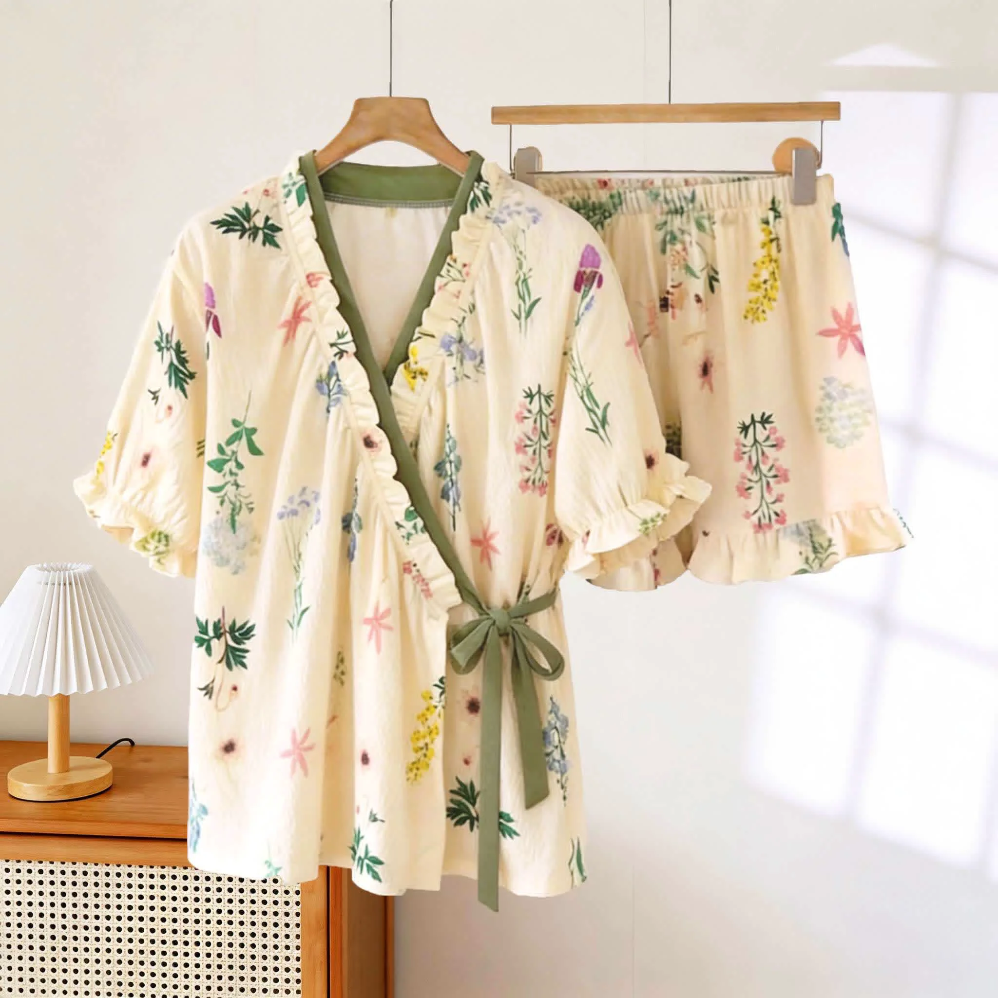 Premium Ownkoti Hydrangea Botanical Ruffle Sleeve Pajamas Smooth