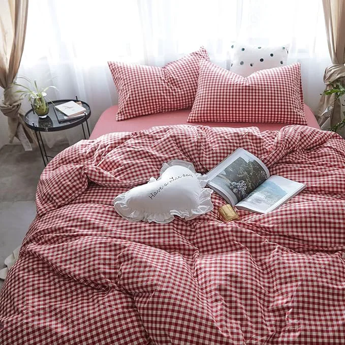 Traditional mixinni Red Gingham Comforter Set Twin XL Plaid Comforter Set 3 Pieces 1 Red Grid Comfoter with 2 Pillow Cases for All Seasons Soft Fluffy Modern Grid Pattern Printed Bedding-Twin XL Size Exclusive