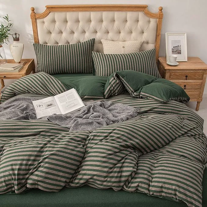 Smart PURE ERA Jersey Knit Duvet Cover Set T-Shirt Heather Cotton Super Soft Comfy Classic Striped Design with Zipper Closure Forest Green Stripe Full User-Friendly