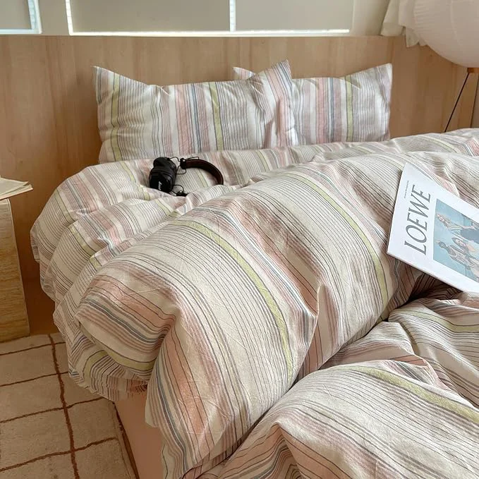 Pure EAVD Pink Blue Yellow Striped Duvet Cover King Soft Washed Cotton Bedding Set 3 Pieces Pinstriped Bedding Set with 2 Pillowcases Reversible Farmhouse Geometric Pattern Duvet Cover with Zipper Powerful