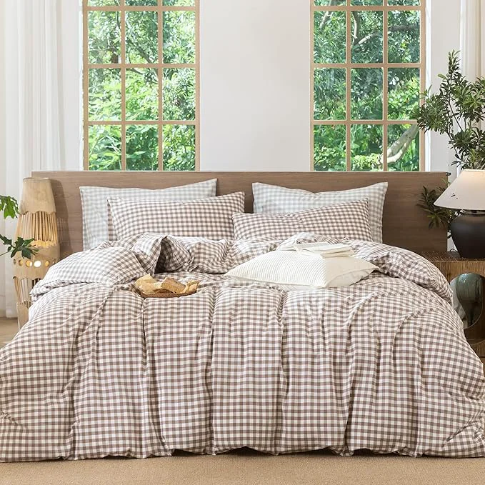Specialty MooMee Gingham Duvet Cover Set Washed Cotton Linen Like Textured Breathable Durable Soft Comfy Modern Checkered Design Brown Gingham Full 80 quot x90 quot Fine