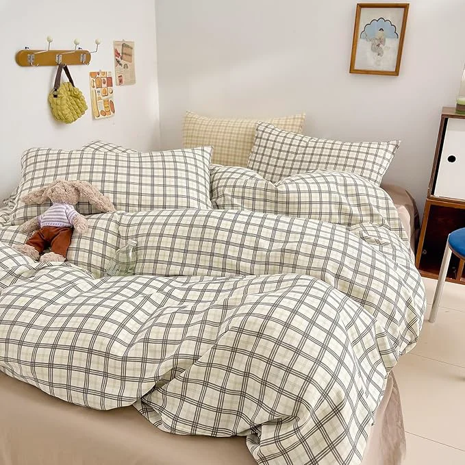 Premium Material EAVD Vintage Style Plaid Gingham Duvet Cover Full Soft Washed Cotton Grey amp Green Grid Checkered Bedding Set with 2 Pillowcases Farmhouse Geometric Pattern Duvet Cover with Zipper Closure