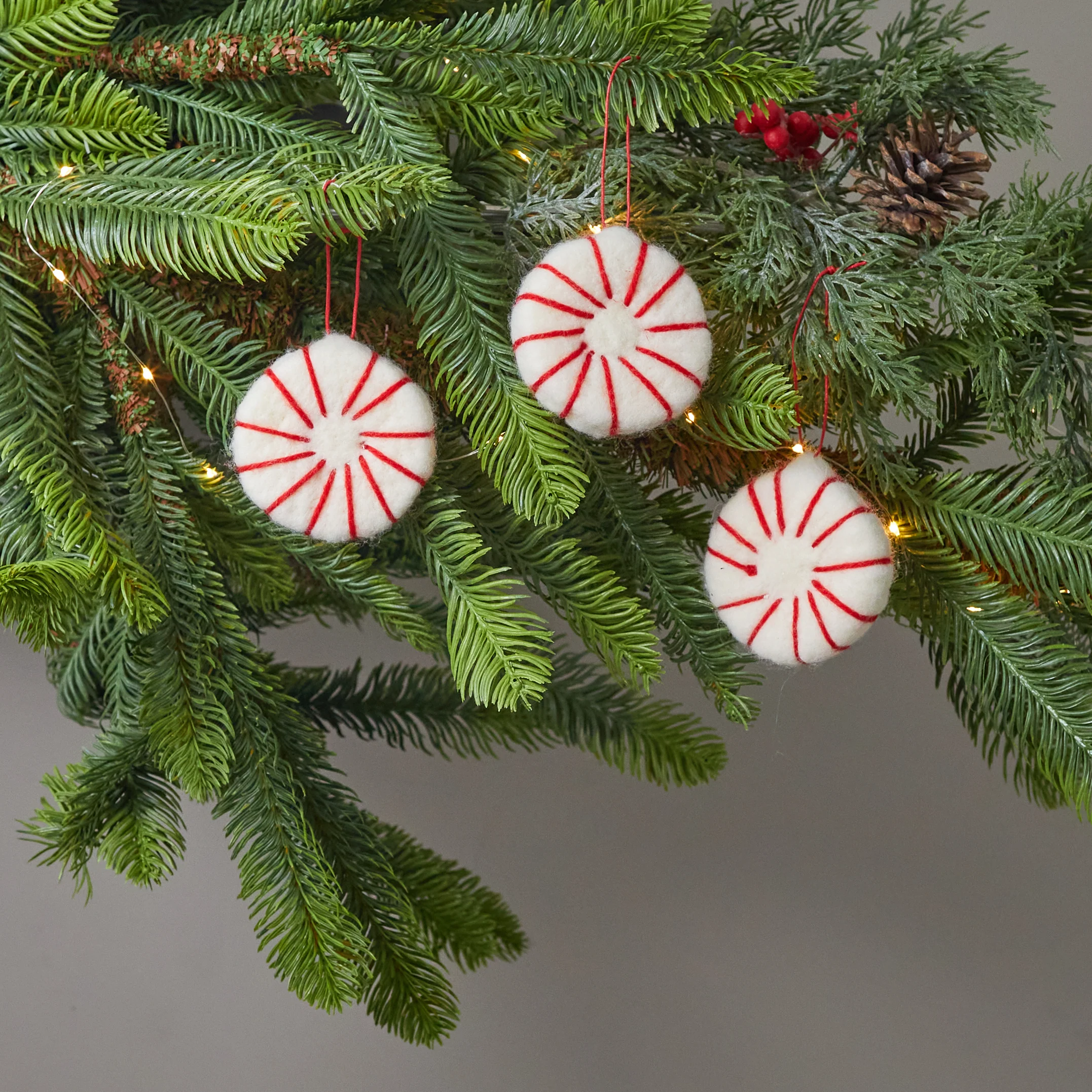 Secure Wool Felt Peppermint Ornaments Set of 3 Unique