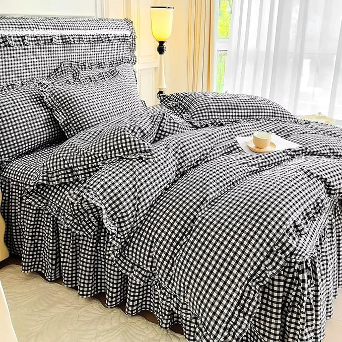 High-Grade mixinni Vintage Black Gingham Ruffle Comforter Set 3-Piece Washed Cotton Twin XL Size Grid Bedding Set with Geometric Checkered Pattern Farmhouse Chic Soft Fluffy Comforter for All-Season Quality