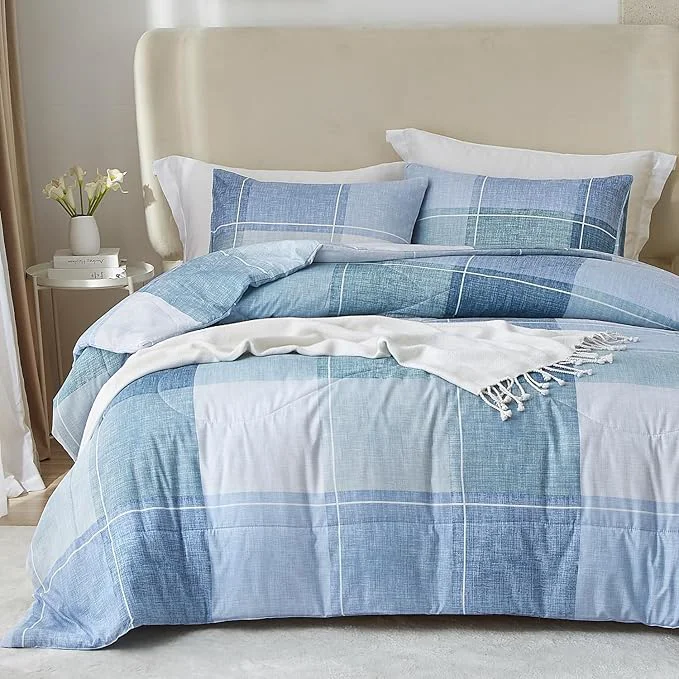 Original Design mixinni Blue Gingham Comforter Set Queen Plaid Comforter Set 3 Pieces 1 Blue Grid Comfoter with 2 Pillow Cases for All Seasons Soft Fluffy Modern Grid Pattern Printed Bedding-Queen Size Top-Quality