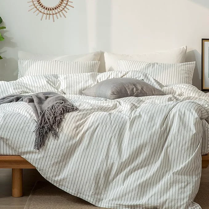 Secure MooMee Striped Duvet Cover Set Washed Cotton Linen Like Textured Breathable Durable Soft Comfy White Dark Grey Wide Stripes Super Queen 90 quot x98 quot
