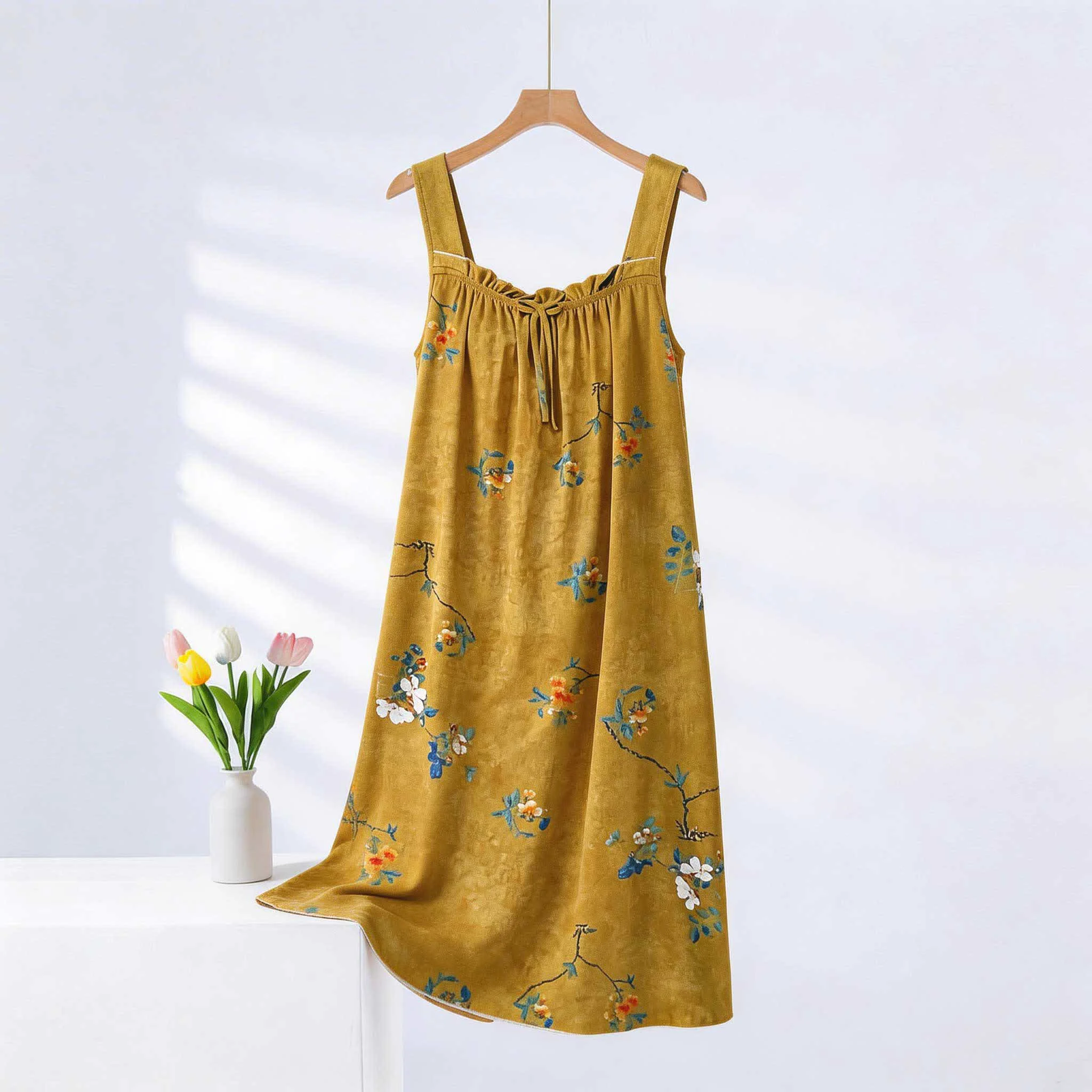 Sophisticated Ownkoti Vintage Floral Ruffle Neck Sleeveless Nightgown Powerful