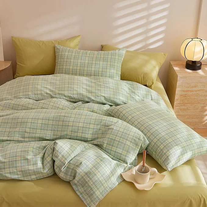 Fast EAVD Green Gingham Duvet Cover Full Size Washed Cotton Bedding Set 3 Pieces Multicolor Grid Plaid Duvet Cover with 2 Pillowcases Modern Farmhouse Gingham Bedding Set with Zipper Closure Practical