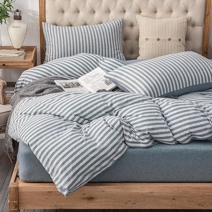 Traditional PURE ERA Jersey Knit Duvet Cover Set T-Shirt Heather Cotton Super Soft Comfy Classic Striped Design with Zipper Closure Heather Blueish Grey Stripe King Top-Quality