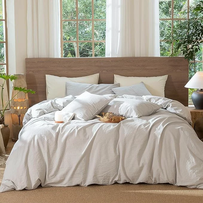 Recyclable MooMee Wavy Striped Duvet Cover Set Washed Cotton Linen Like Textured Breathable Durable Soft Comfy Light Grey Palatial King Oversized King 120 quot x98 quot High-Grade