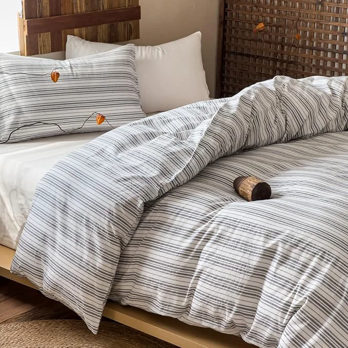 Natural EAVD Retro Grey White Striped Duvet Cover Queen Soft Washed Cotton Reversible Striped Bedding Set with 2 Pillowcases Farmhouse Geometric Pattern Duvet Cover with Zipper Closure Official
