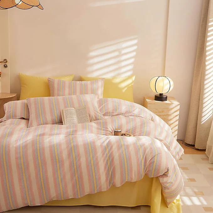 Official EAVD Stripes Duvet Cover Set Twin Washed Cotton Colorful Striped Bedding Duvet Cover Set with Streak Pillowcases-Farmhouse Modern Style Ultra Soft Breathable Zipper Closure Corner Ties Certified