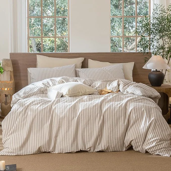 Premium Material MooMee Striped Duvet Cover Set Washed Cotton Linen Like Textured Breathable Durable Soft Comfy Tannish Linen Grey White Classic Stripes King 104 quot x90 quot Fashionable