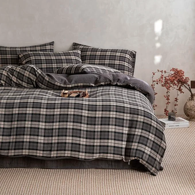 Superior EAVD Vintage Style Dark Grey Plaid Duvet Cover Queen Soft Muslin Cotton Modern Grid Checkered Bedding Set with 2 Pillowcases Reversible Gingham Duvet Cover with Zipper Closure Eco-Friendly