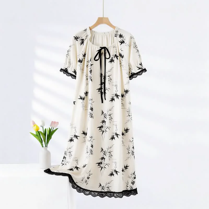 Fine Crafted Ownkoti Bamboo Print Ruffle Neck Cotton Nightgown Secure