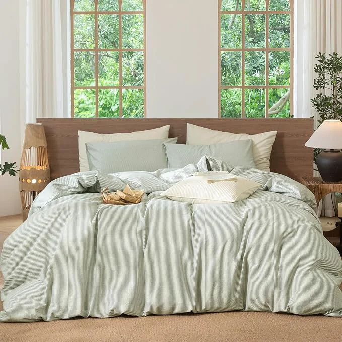Sustainable MooMee Striped Duvet Cover Set Washed Cotton Linen Like Textured Breathable Durable Soft Comfy Sage Green White Pinstripes Cal King 104 quot x98 quot Reusable