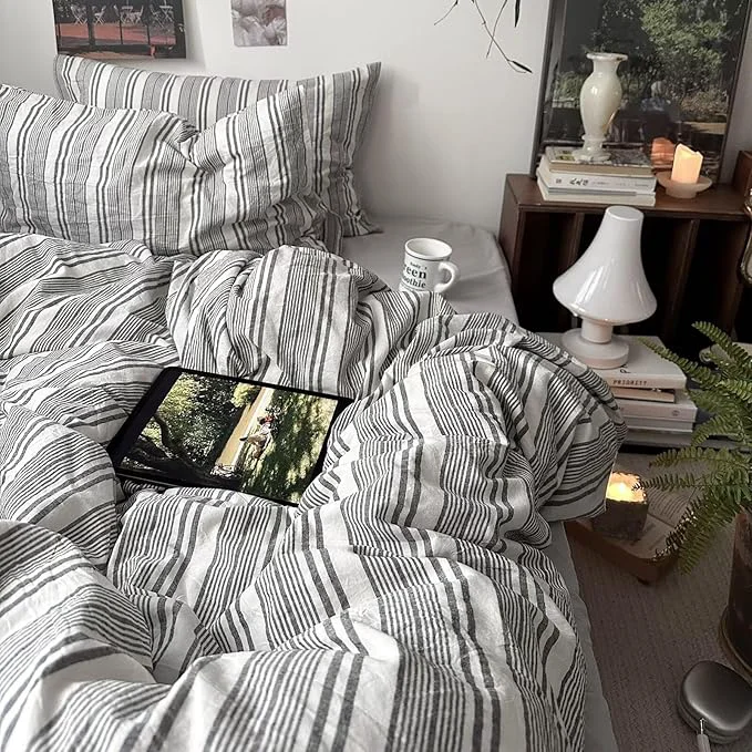 Durable mixinni Vintage Grey amp White Striped Comforter Set King Size – Soft Washed Cotton 3-Piece Neutral Bedding Set Retro Geometric Pattern All-Season Breathable amp Fluffy for Men Boys Responsible