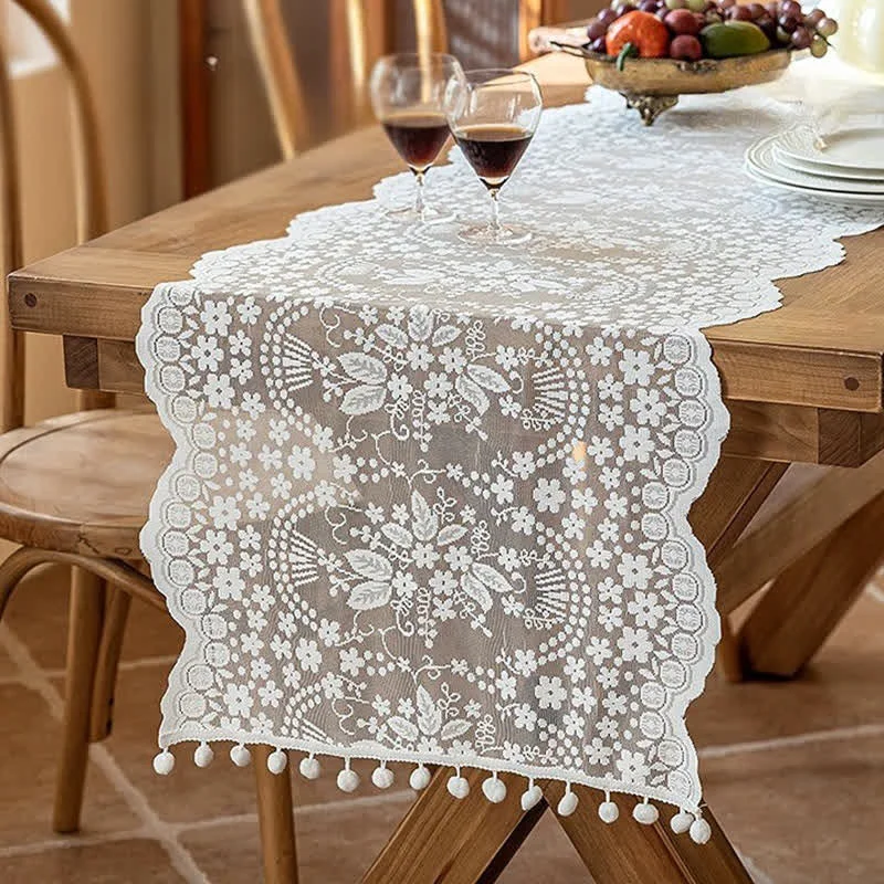 Green Ownkoti Floral Leaf Lace Tassel Table Runner Exclusive