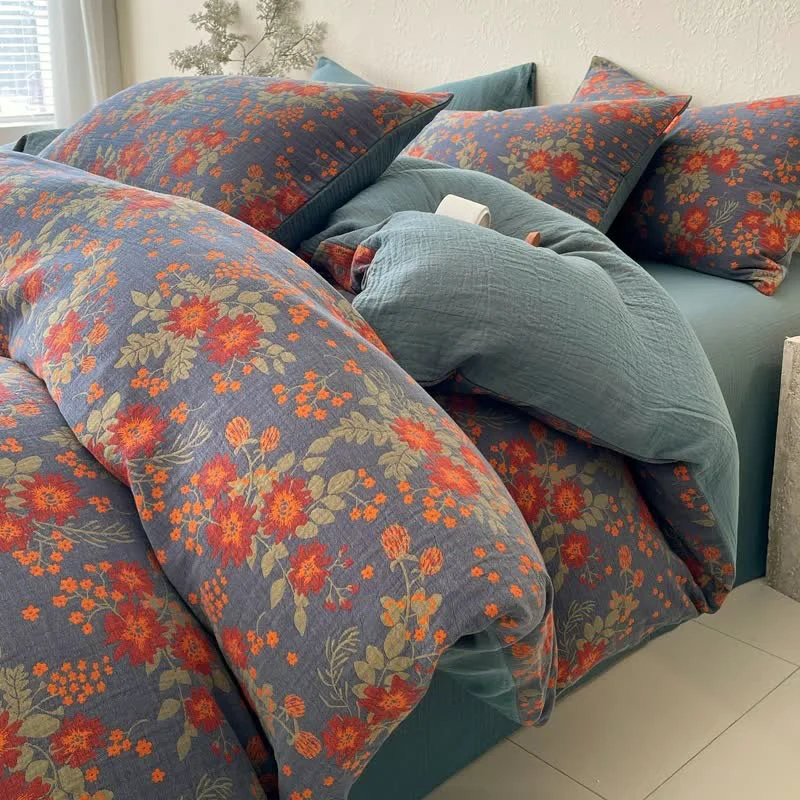 Contemporary Ownkoti Retro Floral Cotton Gauze Bedding Set 4PCS Original Design
