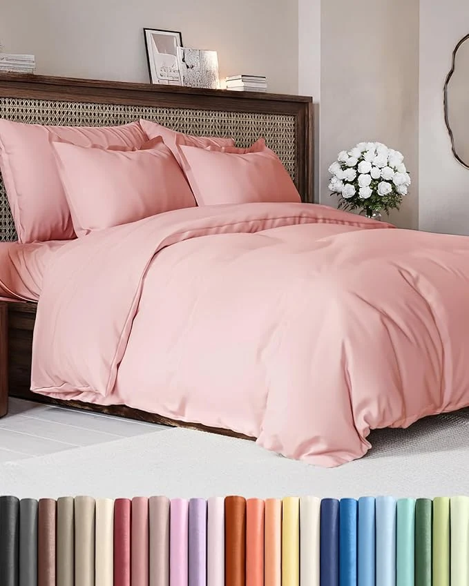 Smooth Duvet Cover Queen Size Set – Extra Soft Queen Duvet Cover 90 quot x 90 quot with 2 Pillow Shams – Hotel Luxury Easy Care amp Fade w Zipper Closures amp Ties – All Season Comfy and Breathable Baby Pink Minimalist
