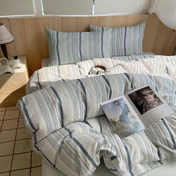 Next-Generation EAVD Modern Style Striped Duvet Cover Twin Washed Cotton Colorful Wide and Pinstriped Bedding Duvet Cover Set with 2 Pillowcases Farmhouse Geometric Bedding Set with Zipper for All-Season Reliable