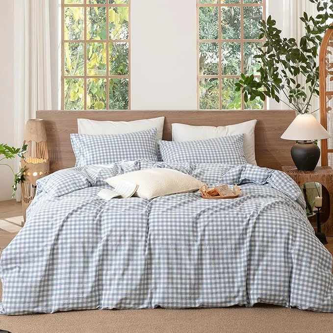 Superior MooMee Gingham Duvet Cover Set Washed Cotton Linen Like Textured Breathable Durable Soft Comfy Modern Checkered Design Classic Gingham Cornflower Blue Oversized Full 82 quot x86 quot Quality