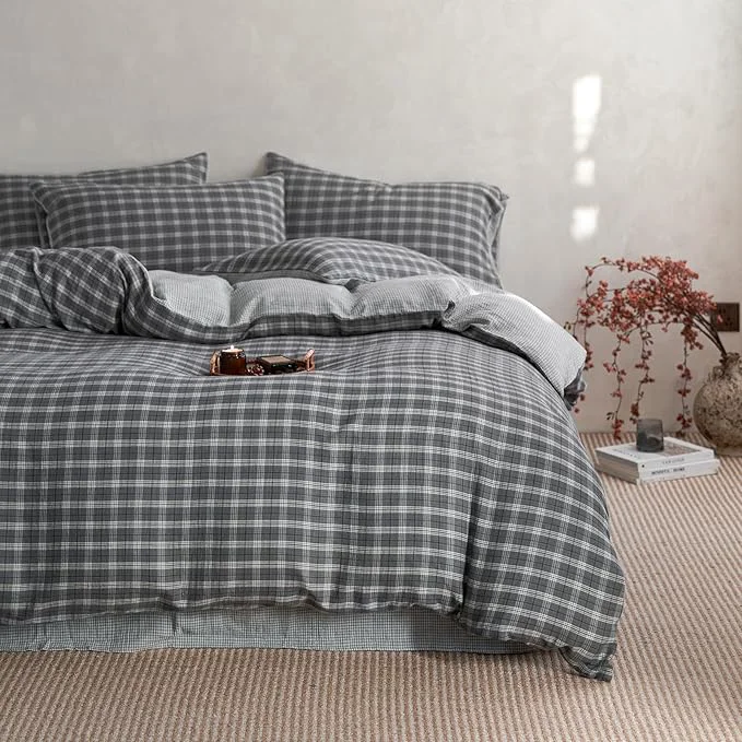 Recyclable EAVD Vintage Style Grey Plaid Gingham Duvet Cover Twin Soft Cotton Muslin Grey Grid Checkered Bedding Set with 2 Pillowcases Reversible Plaid Duvet Cover with Zipper Closure High-Performance