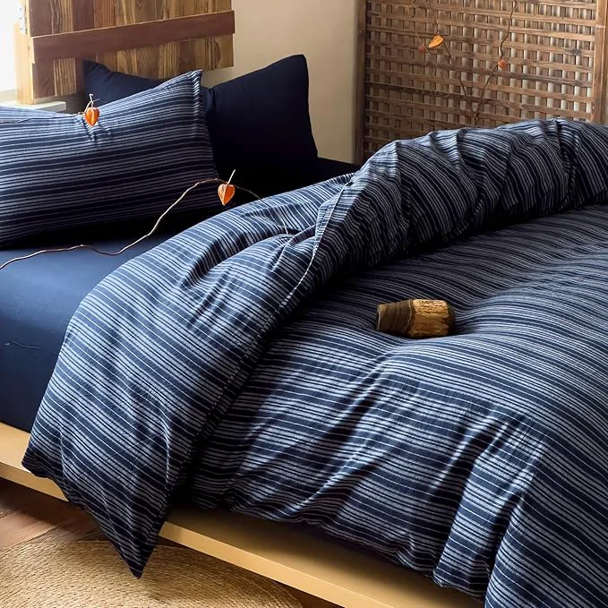 Smart EAVD Retro Striped Duvet Cover Queen Navy Blue Soft Washed Cotton Reversible Stripes Pattern Bedding Set with 2 Pillowcases Farmhouse Geometric Pattern Duvet Cover with Zipper Closure Responsible